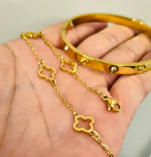 (novo) Kit Pulseiras Femininas Trevo em Aço Inoxidável Dourada