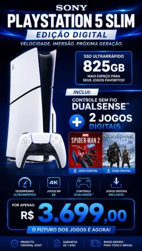 Sony PlayStation 5 Slim Digital + Controle DualSense + 2 Jogos Digitais
