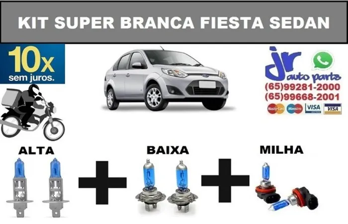 Kit de Lâmpadas Super Branca Ford Fiesta Sedan 2010 8500K Efeito Xênon