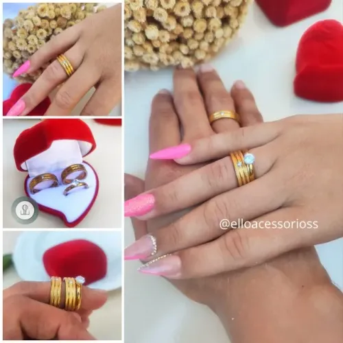 Par de Alianças Nilo 8mm com Banho de Ouro 18K +Anel Solitário + Caixa de Veludo