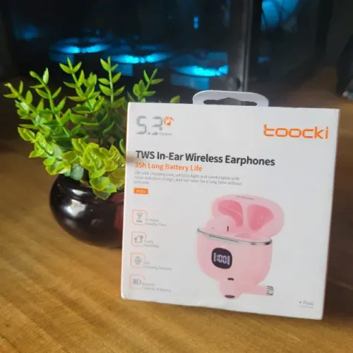 Fone de Ouvido Sem Fio Toocki Rosa - Bluetooth 5.3, Case com Visor e 35h de Bateria