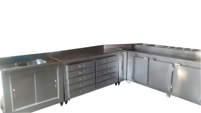 Balcão neutro, refrigerado e freezer em aço inox