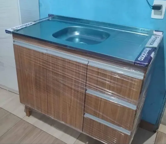 Balcão com pia Inox 1m amadeirado 