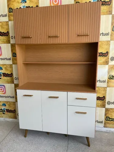 Kit Armário Cozinha New Livia 6 Portas Freijó Ripado Off White Poliman