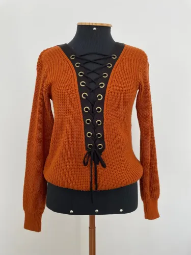 Blusa Tricot mostarda M com amarração frontal Francelino & Shimoda