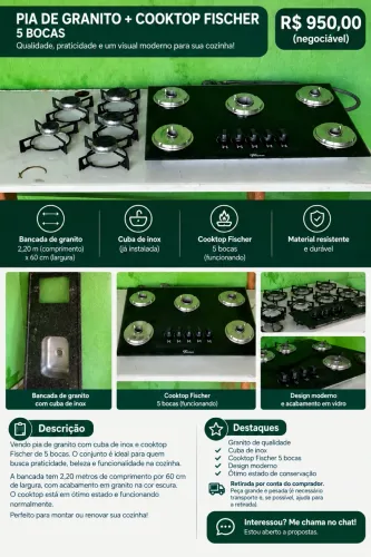 Pia de granito com cuba inox e cooktop