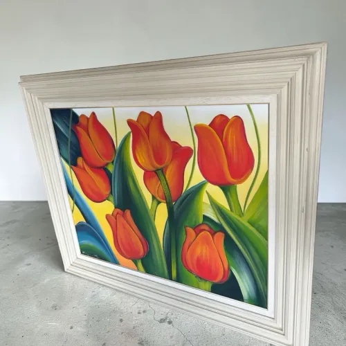 quadro decorativo pintado a mão, pintura a óleo, retratando tulipas