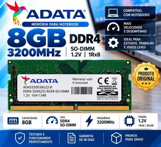 ? Memória RAM ADATA 8GB DDR4 3200MHz SO-DIMM Notebook
