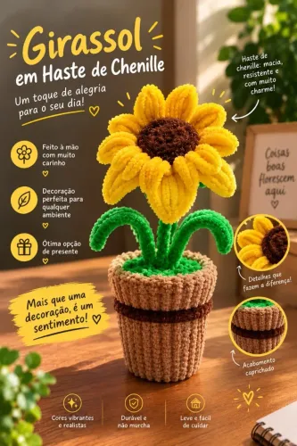 Lindo Girassol Artesanal de Chenille no Vasinho - Decoração Fofa (20cm) ?