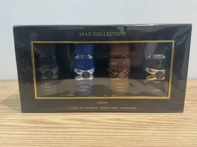 Kit Asad Lattafa 4 peças 25 ml cada: Asad + Asad elixir + Asad Zanzibar Lim Ed + Asad Bour