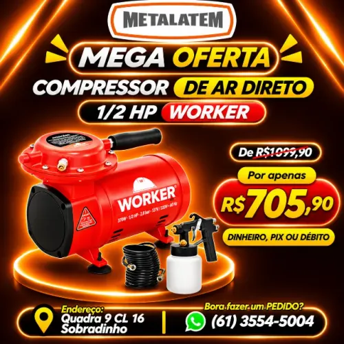 COMPRESSOR DE AR DIRETO WORKER 1/2 HP COM KIT DE PINTURA