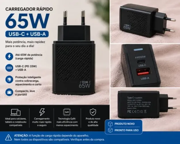 Carregador Rápido 65W (USB-C + USB-A) - Novo