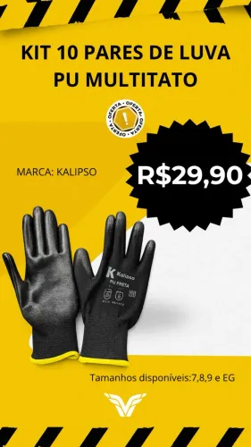 Kit 10 pares de luva de segurança PU Multitato preta