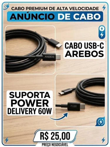 Cabo USB-C para USB-C Turbo 60W Power Delivery (PD) - Carga Rápida