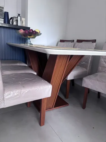 Conjunto Sala de Jantar Mesa Tampo em MDF/Vidro e 6 Cadeiras Apolo Chanfro Premium Yescasa