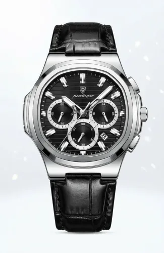 Belíssimo Relógio Poedagar 834 Silver Black com Cronógrafos Pulseira Couro Preta Legítima
