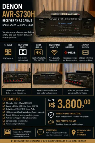 Receiver Denon AVR-S730H Dolby Atmos 7.2 4K HDR HEOS
