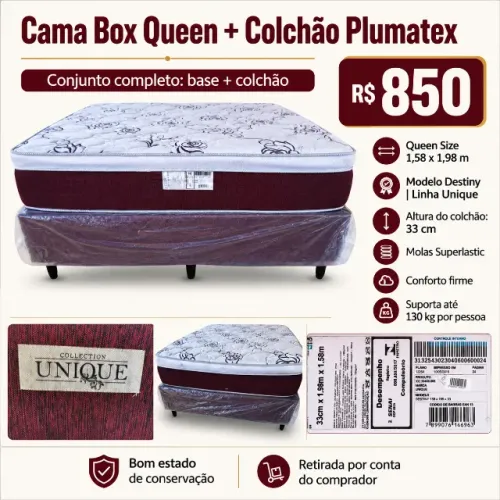 Cama Box Queen + Colchão Plumatex Unique Destiny 1,58x1,98