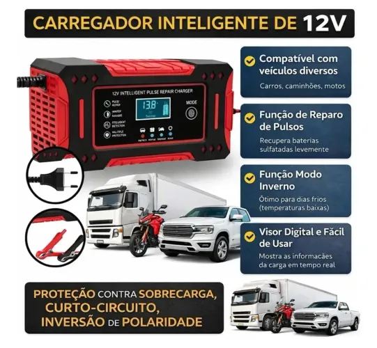 Carregador de bateria 12V carro, moto e caminhão com Visor portátil novo na caixa 