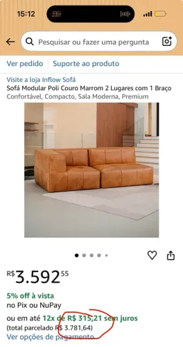 Sofá Modular Poli Couro Marrom 2 Lugares com 1 Braço