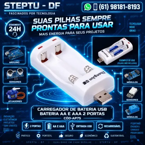 Carregador De Bateria Usb Para Bateria Aa e Aaa 2 Portas Arduino Automação COD-AP75