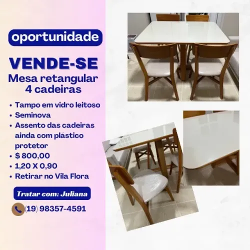 Mesa de jantar retangular com 4 cadeiras