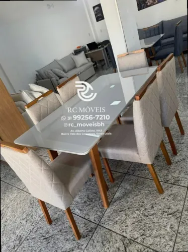 Mesa de jantar 1,70x0,90 Tampo Vidro Laqueado + 6 Cadeiras Madeira maciça
