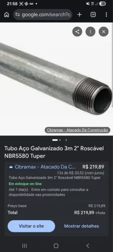 Tubo aço galvanizado 3m Roscavel