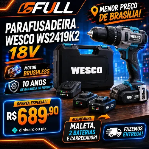 Parafusadeira furadeira de impacto Wesco com 2 baterias Brushless