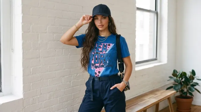 T-shirt feminina azul royal P "New York"