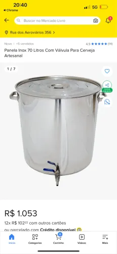 Panela inox Cerveja 70L com válvula