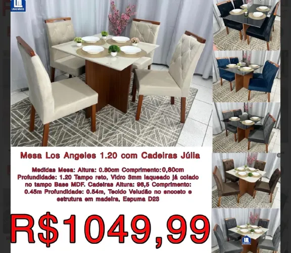 mesa 4 cadeiras nova Los Angeles 120x90 mesa de vidro - frete grátis *