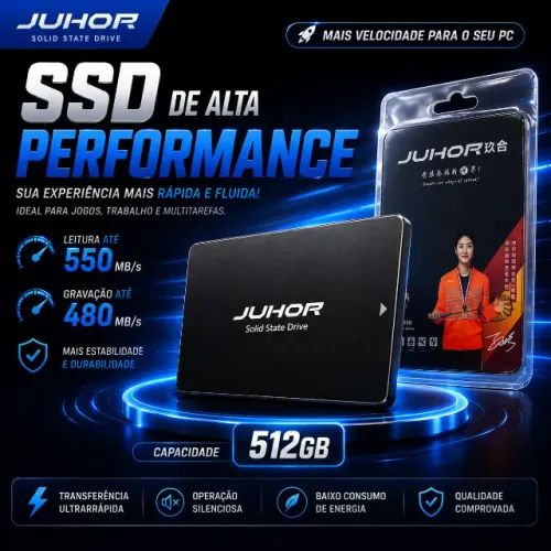 SSD JUHOR Z600 512GB SATA 3 2.5 Até 550MB/s de Leitura e 480MB/s de escrita PC gamer Novo