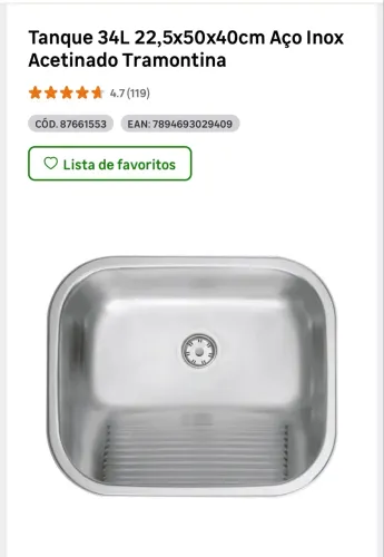 Tanque 34L 22,5x50x40cm Aço Inox