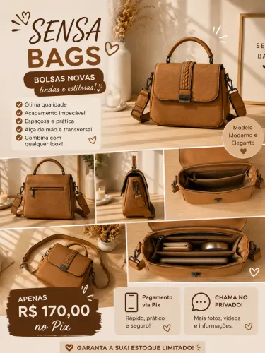 Bolsa Feminina Elegance Caramelo Premium com Alça Transversal | Sensa Bags