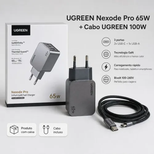 Carregador GaN Nexode Pro UGREEN 6W + Cabo UGREEN 100W (novo)