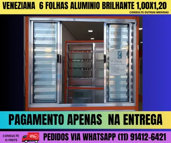 Janela Veneziana 6 Folhas | Alumínio Brilhante e Vidro Liso 