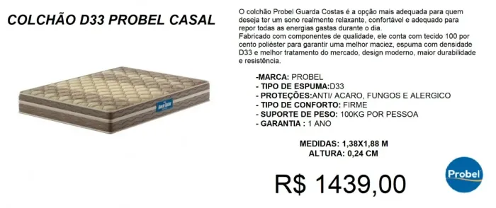 Colchão casal d33 probel - entrega gratuita!