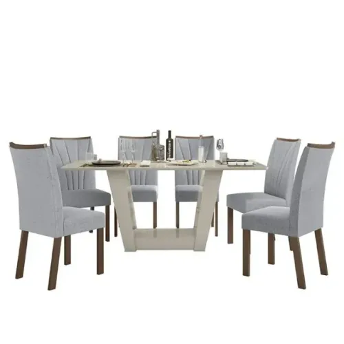 Mesa de Jantar 6 Cadeiras Com Tampo 1,70m Cinza Claro