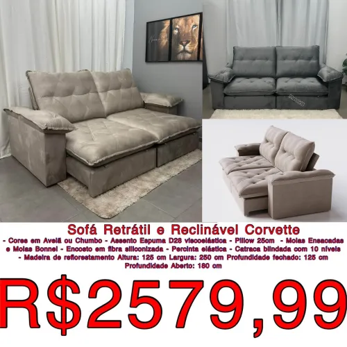 Sofá retrátil e reclinável corvette 2.50m molas / frete grátis / pague na entrega 