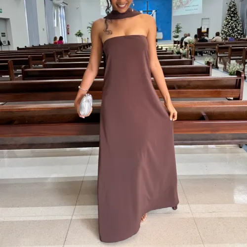 Vestido longo festa com faixa marrom P
