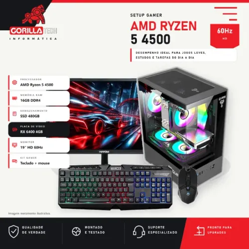 PC Gamer Completo Ryzen 5 4500 RX 6400 4GB 16GB SSD 480GB Monitor 19"