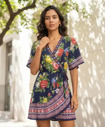 Vestido Envelope Azul Floral Curto Em Viscose. Tamanho M