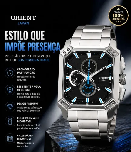 Relógio Orient cronógrafo aço inoxidável tamanho 52 mm relógio exemplo de coleção