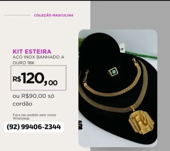 Kit masculino Esteira Aço Inox Banhado a Ouro 18k