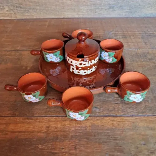 6 Xícaras para Cafezinho com Açucareiro e Bandeja - Cerâmica Artesanal