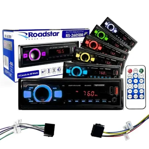 Rádio Mp3 de carro 48w.4 7 cores Roadstar aparelho de som com Bluetooth 2x USB aux Fm 