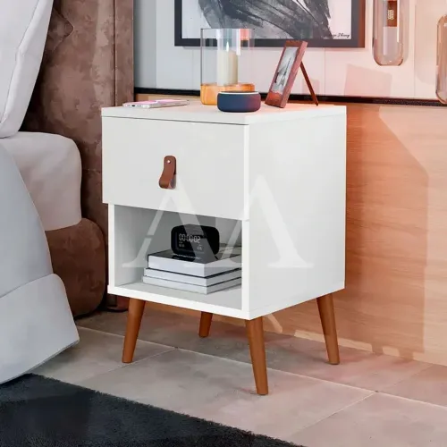 Mesa de Cabeceira 1 Gaveta Larissa Branco - Off White/Nature<br>