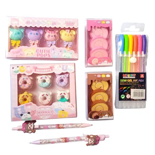 Kit Papelaria Fofa: Borrachas Cute Kawaii, Canetas Gel Neon e Lápis