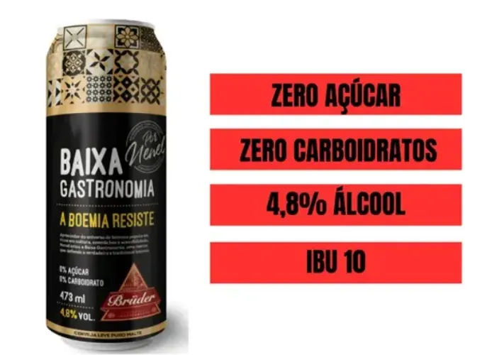 Cerveja Baixa gastronomia BG Low Carb zero açucar latão